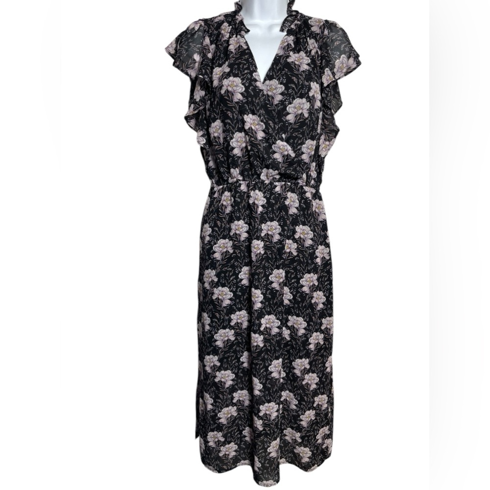 1. State Dillard’s dress size XS long black dress with pink flowers